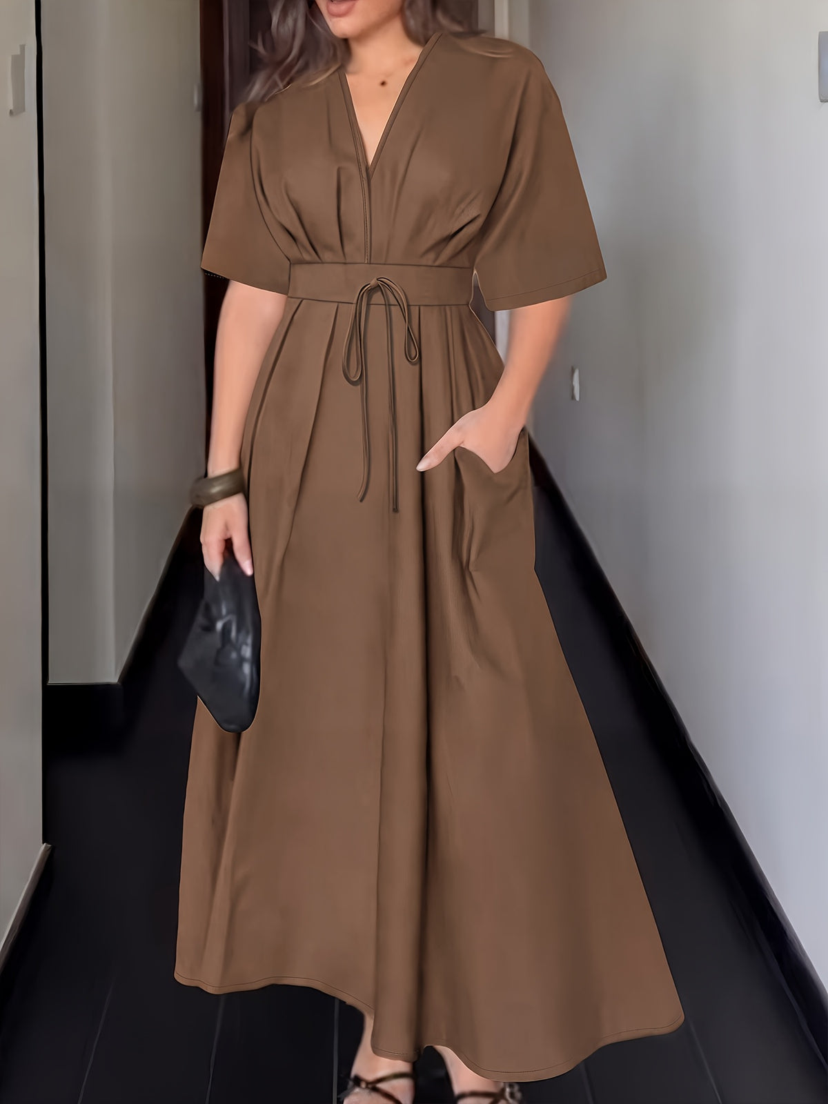 Summer New Style Women's Clothing Dress and Pants with V-neck Short Sleeves and Belt. Sexy and Elegant Style, Suitable for Fashionable Daily and Casual Wear. - Dark Brown