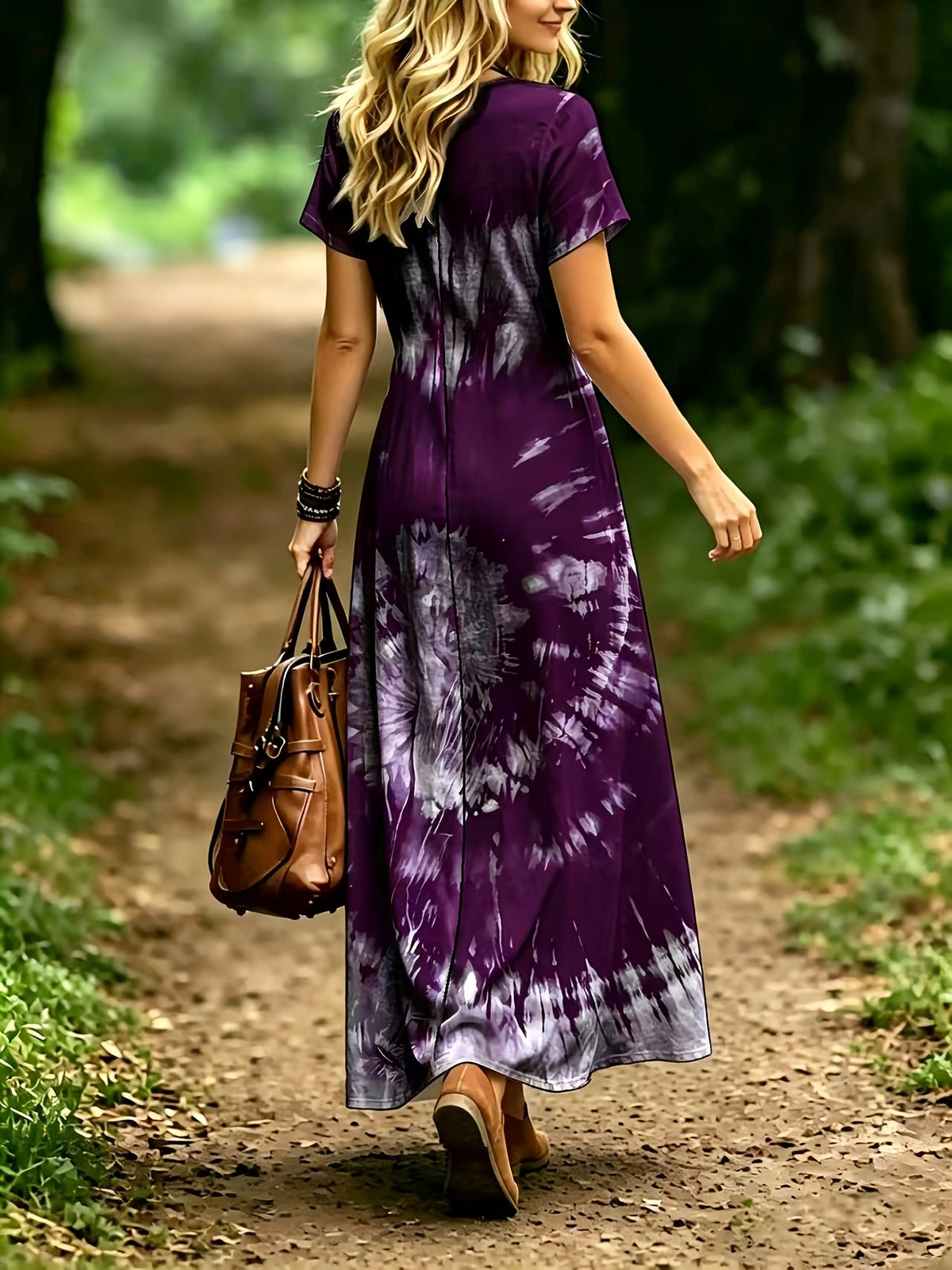 Plus Size, Plus-size Women's V-neck Dress for Spring/summer, Bohemian Style, Comfortable and Lightweight, Perfect for Beach Vacations, Fashionable and Versatile - Purple
