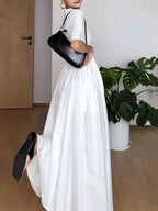Elegant French Style Maxi Dress with Smock Waist & Ruffle Hem - -Length Party Wedding Guest Gown, Machine Washable Spring Summer Fall Formal Evening Dress - Ivory White