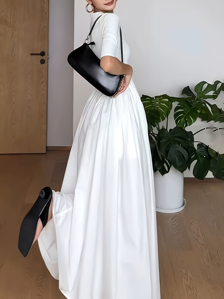 Elegant French Style Maxi Dress with Smock Waist & Ruffle Hem - -Length Party Wedding Guest Gown, Machine Washable Spring Summer Fall Formal Evening Dress - Ivory White