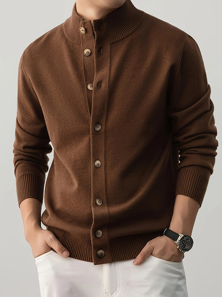 Easy Style Men'S Button-Up Knit Jacket, High-Neck Casual Sweater Coat, Fabric: 45% Acrylic, 26.9%, 22.7% Nylon, 5.4% Velvet Velvet; Stretchy Soft Sweater Outerwear, Suitable for Office And Street Casual Wear - Mocha Brown