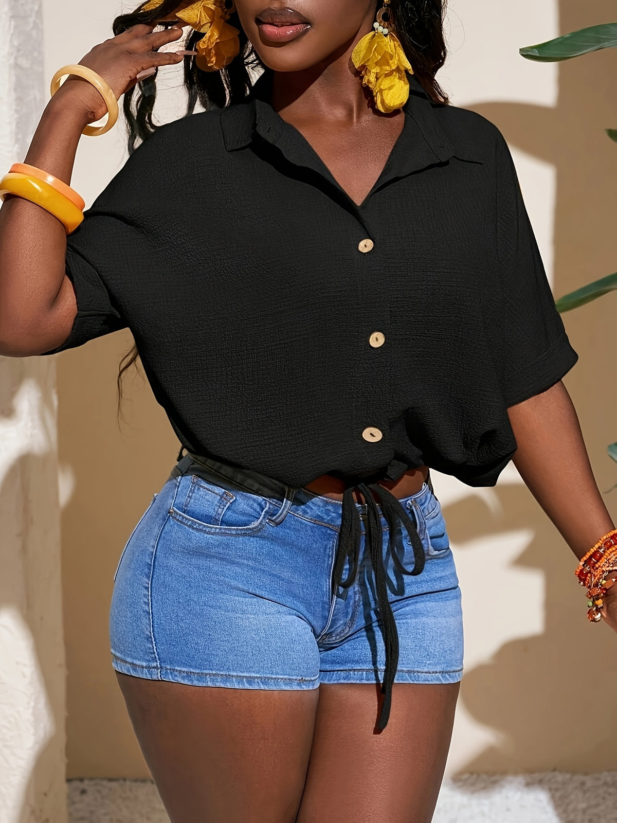 Women'S Autumn And Winter Clothing Summer New Texture Fabric Orange Short-Sleeved Casual Vacation Shirt - Black