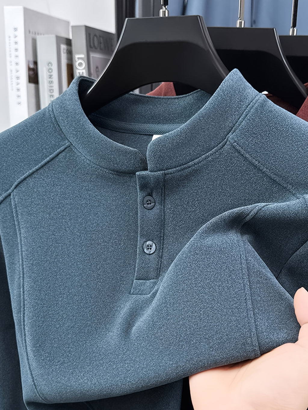 Men's Henley Neck Long Sleeve Base Layer Shirt, Slim Fit but Not Tight, Suitable for Middle-Aged Men, with a Light Business-Casual Vibe. -SINBOS - Blue Grey