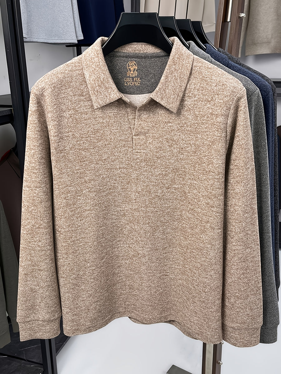 Men's Solid Color Long-Sleeve Polo Knit Shirt, Soft and Skin-Friendly Blended Yarn Polo Shirt, Semi-Open Collar for Easy Wear and Universal Fit, Suitable for Daily Commuting, Visiting Friends and Family, Casual Loose-Fit Long-Sleeve T-Shirt - Camel