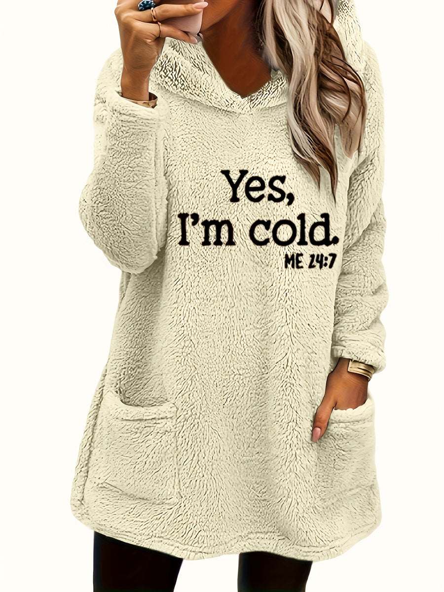 Women's "Yes I'm Cold" Printed Teddy Bear Hooded Sweatshirt - 100% Polyester Relaxed Fit Long Sleeve Pullover with Double Pockets, Cozy Fleece-Lined Casual Winter Top for Fall & Winter - Apricot
