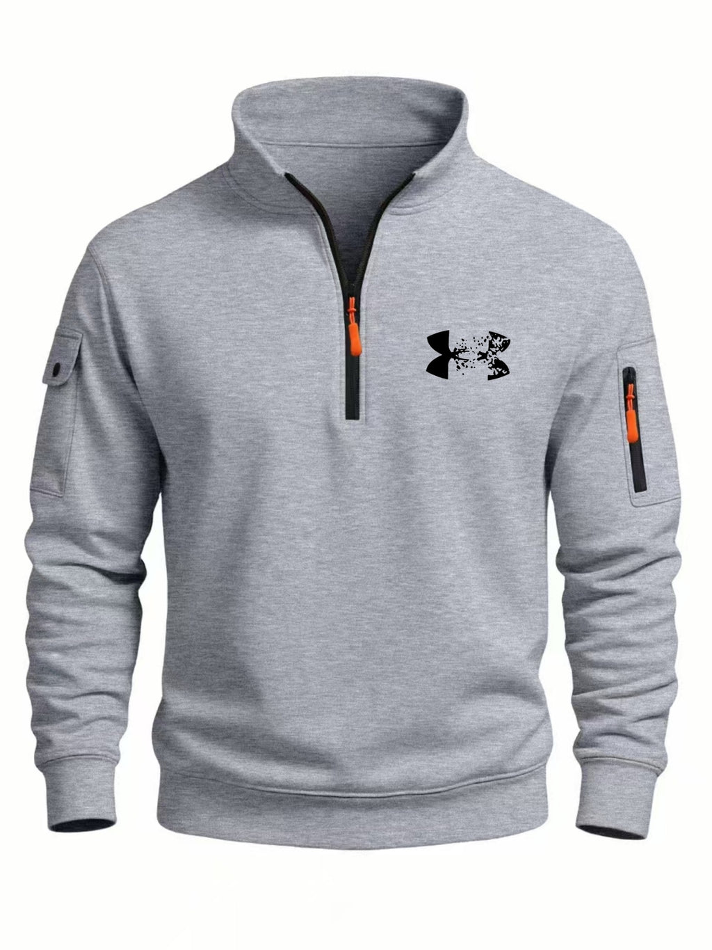 2026 Autumn/Winter New Men's Stand Collar Half-Zip Sweatshirt, Distressed Print, Workwear Style Multi-Pocket Design, Wear-Resistant and Wrinkle-Resistant Fabric, Sleek Cut Without Bulk, Combining Workwear Practicality with Casual Attire Adaptability - Light Grey