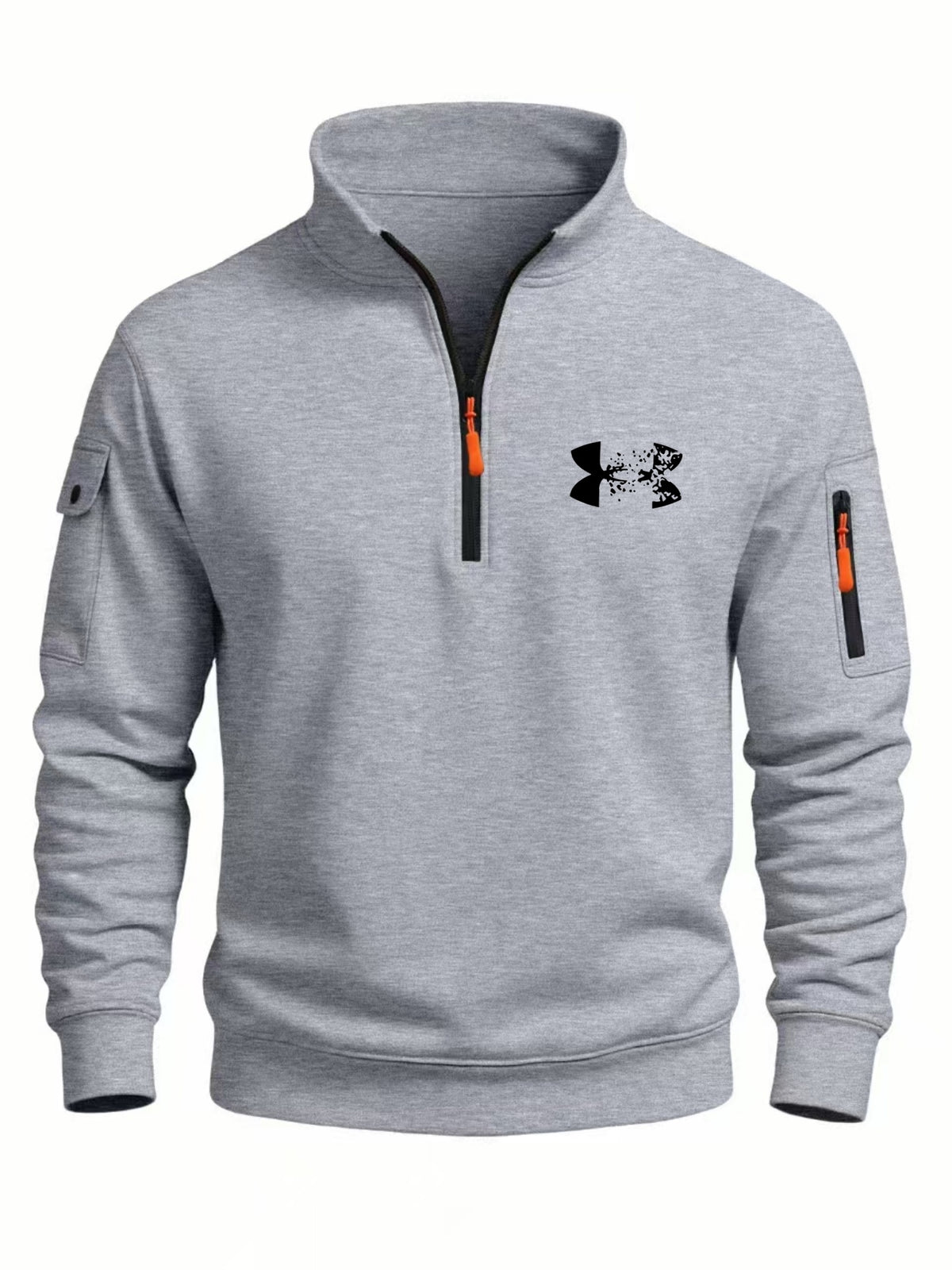 2026 Autumn/Winter New Men's Stand Collar Half-Zip Sweatshirt, Distressed Print, Workwear Style Multi-Pocket Design, Wear-Resistant and Wrinkle-Resistant Fabric, Sleek Cut Without Bulk, Combining Workwear Practicality with Casual Attire Adaptability - Light Grey