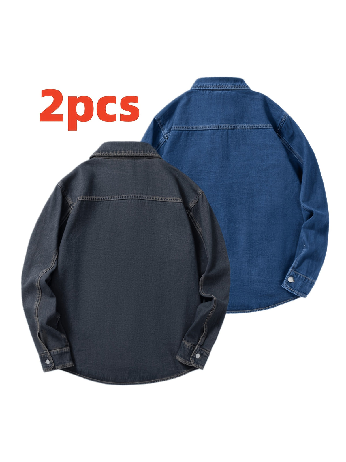 Men's Two-pc Non-Stretch Denim Shirts, Vintage Washed Workwear Long Sleeve Loose Fit Versatile Casual Jackets - Nostalgia + Deep Blue