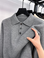 Men's Solid Color Lapel Polo Sweater - Thick Warm Knit Pullover with Lapel Collar, Long Sleeve Winter Sweater Suitable for Fall/Winter, Casual Office Wear, Basic Knitwear for Layering (Hand Washable) - Light Grey