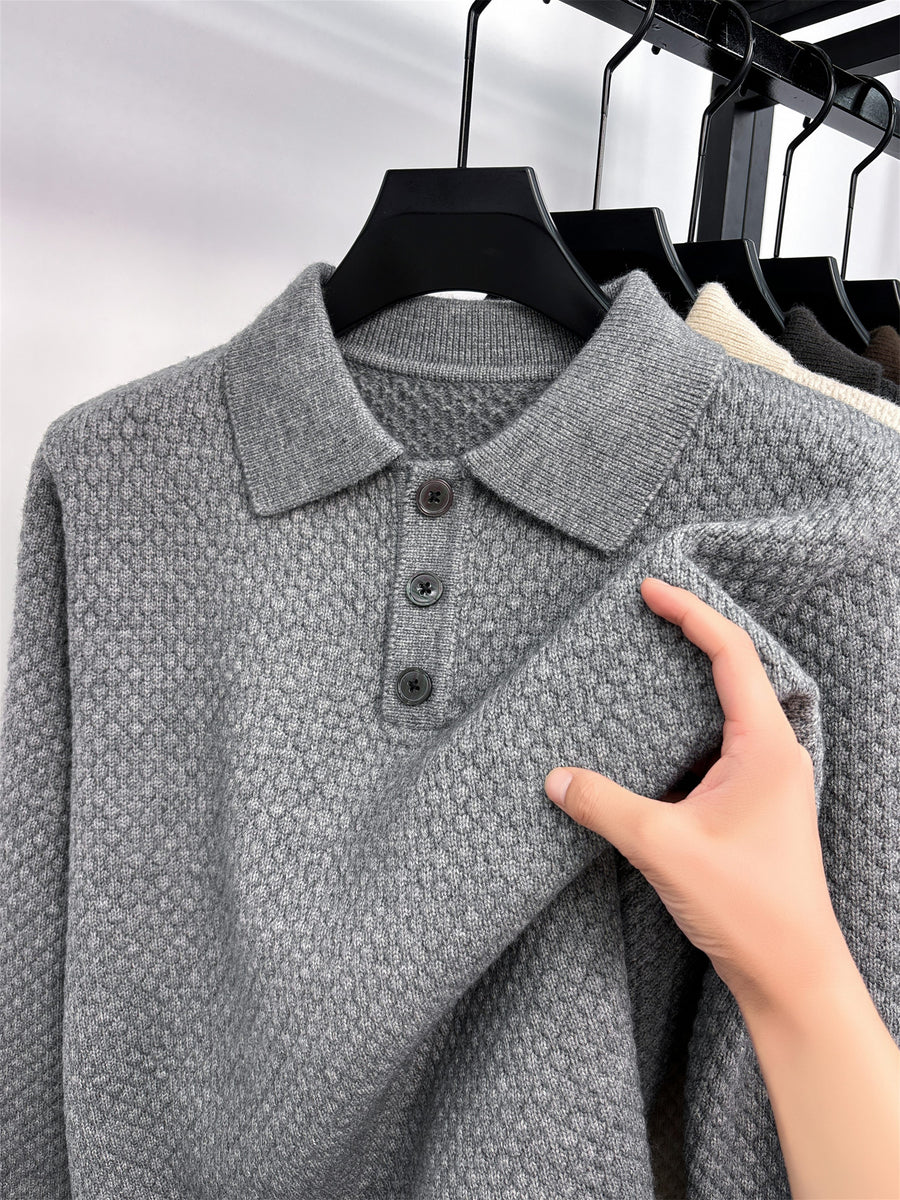 Men's Solid Color Lapel Polo Sweater - Thick Warm Knit Pullover with Lapel Collar, Long Sleeve Winter Sweater Suitable for Fall/Winter, Casual Office Wear, Basic Knitwear for Layering (Hand Washable) - Light Grey