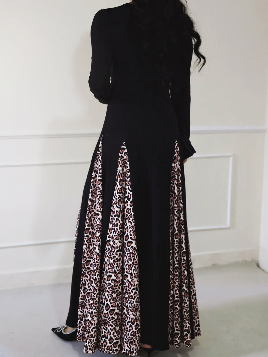 Elegant Black Kaftan Dress for Women - Casual Long A-Line Maxi Dress with Leopard Print, Long Sleeves, And Flowing Hem, Perfect for Spring And Fall, Casual Wear | Ruffle Detail Dress | Fabric - Black