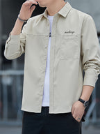 Men'S Long Sleeve Shirt Patchwork Single Pocket Letter Print Outdoor Casual Spring Autumn Regular Daily Commute Office Date Party - Apricot