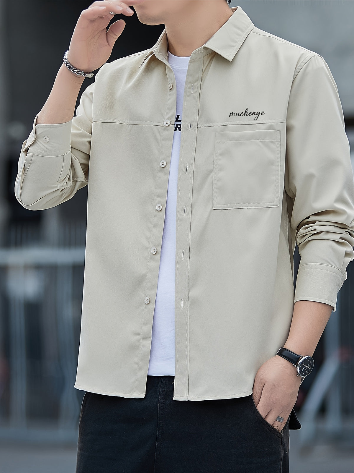 Men'S Long Sleeve Shirt Patchwork Single Pocket Letter Print Outdoor Casual Spring Autumn Regular Daily Commute Office Date Party - Apricot