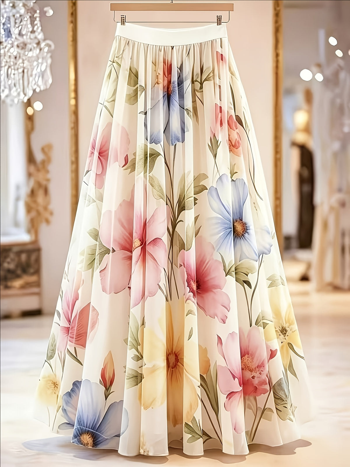 Elegant Printed Half Skirt for Women, Long Mesh Skirt - Beige
