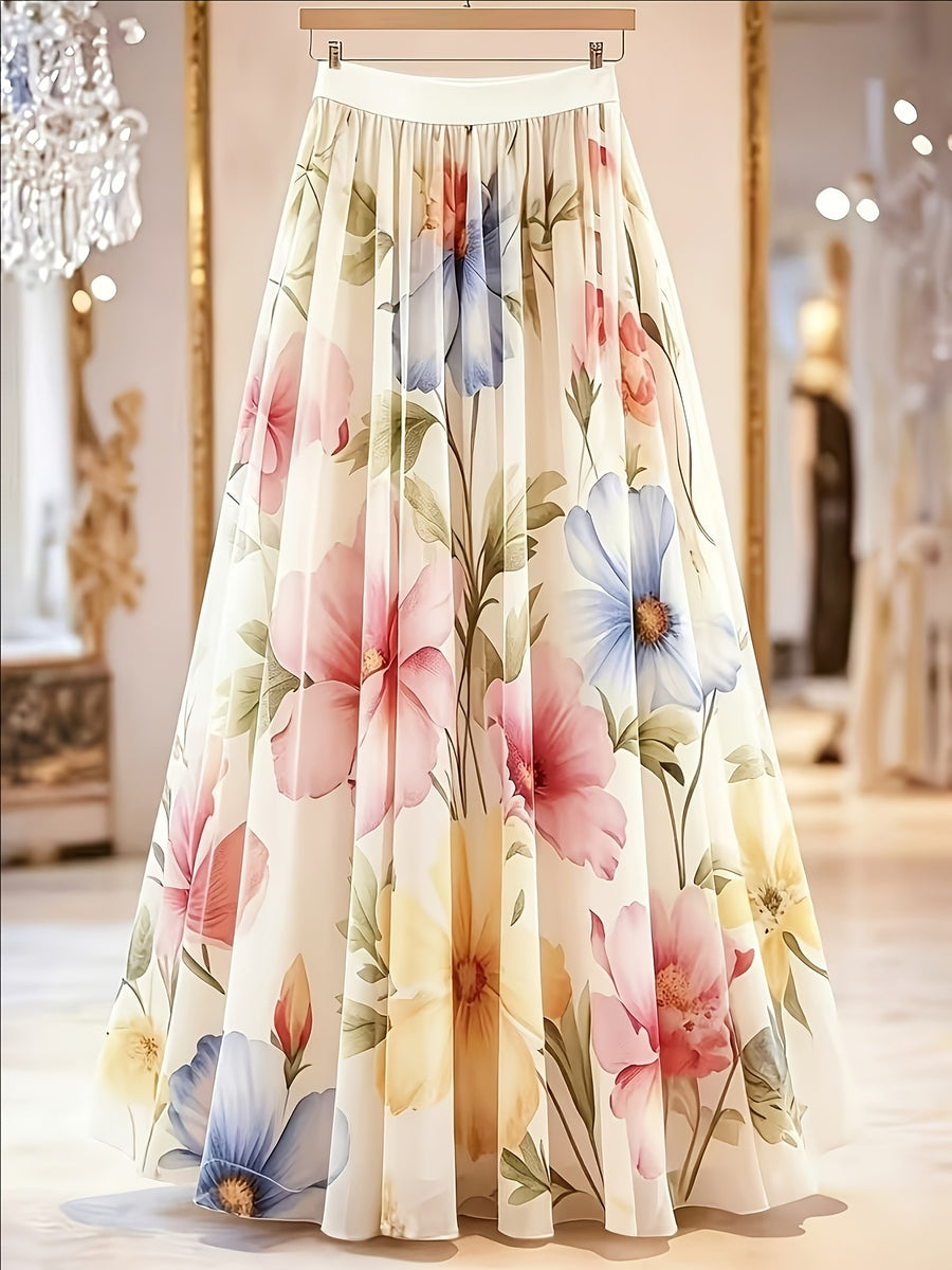 Elegant Printed Half Skirt for Women, Long Mesh Skirt - Beige