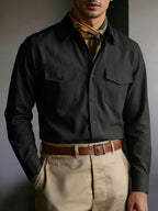 Men's Solid Color Button- Shirt with Double Pocket Collar - Machine Washable Long Sleeve Work Shirt Suitable for Business Casual, Commuting & Office Wear, Button-Front Collar Top for Spring/Autumn Layering (Adult Gift), father's day - Black