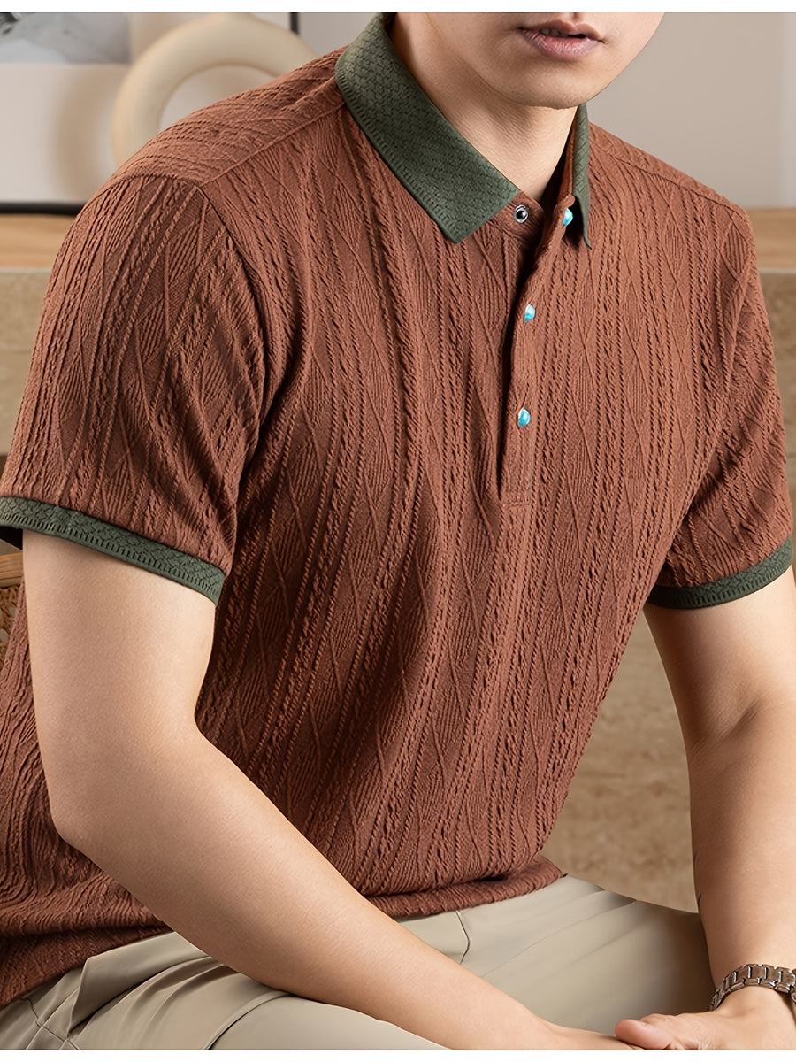 Men's Embossed Jacquard Short-Sleeve Polo Shirt, Available in Multiple Colors, Featuring a Textured, Fine, and Skin-Friendly Fabric with Contrast-Color Lapels. Suitable for Business Commuting, Business Trips, Receiving Guests, Golf, Fishing - Coffee Color