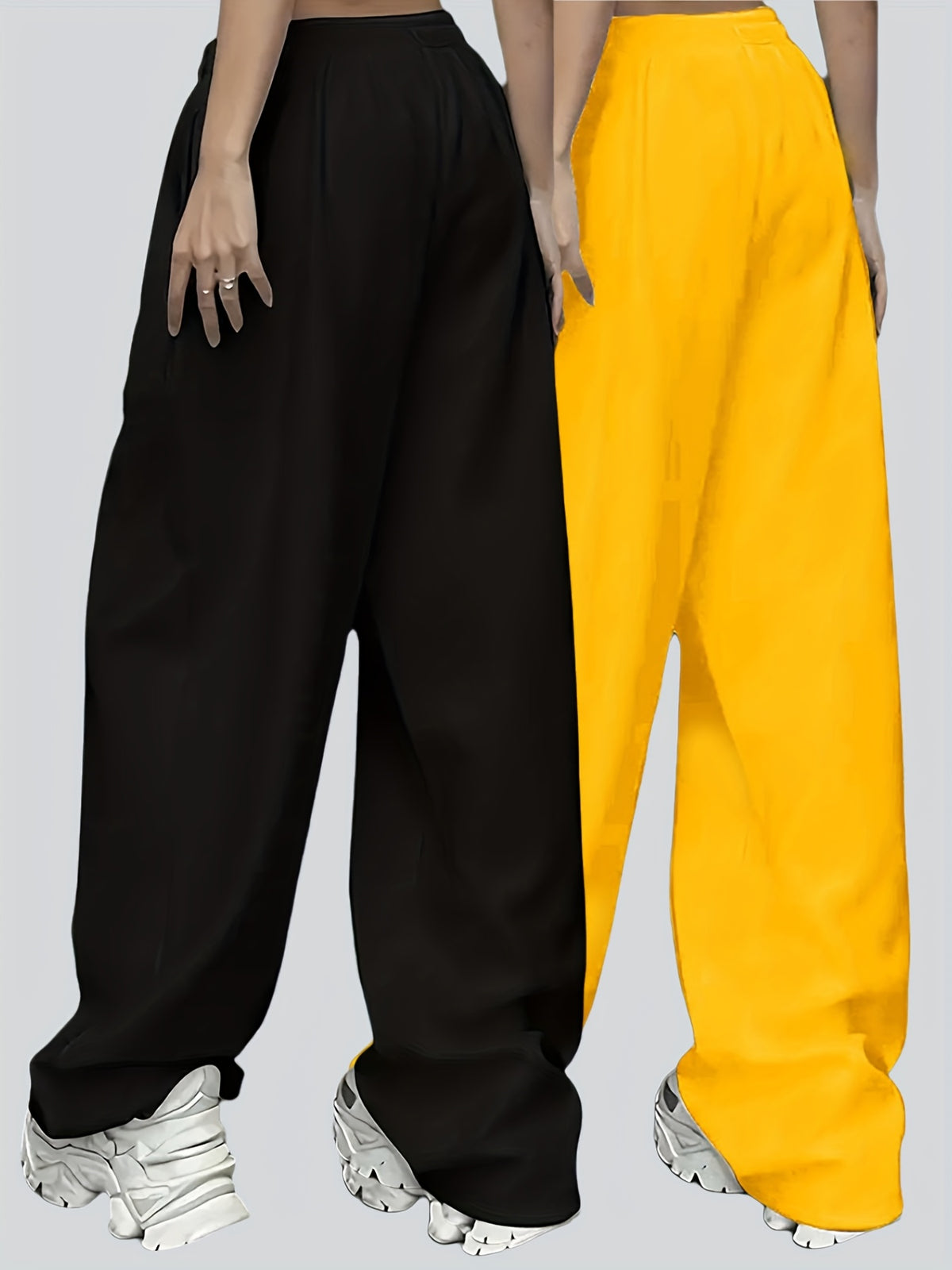 2pcs Plus Size Women'S Casual Wide-Leg Athletic Pocket Sweatpants, Solid Color Drawstring Pattern Printed Sweatpants - Black+Yellow