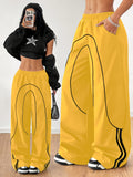 Women's Fashion Y2K Streetwear Wide-Leg Pants with Side Tie Design, Hip-Hop Joggers, Elastic Waist Wide-Leg Pants, Casual Swear, Harem Pants - Yellow
