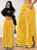 Women's Fashion Y2K Streetwear Wide-Leg Pants with Side Tie Design, Hip-Hop Joggers, Elastic Waist Wide-Leg Pants, Casual Swear, Harem Pants - Yellow