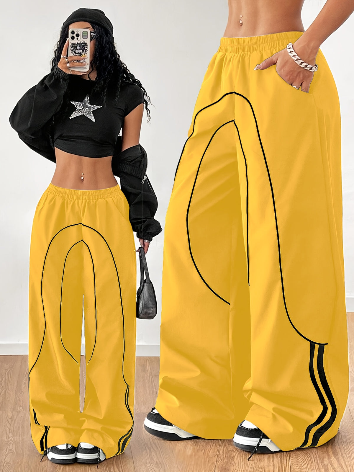 Women's Fashion Y2K Streetwear Wide-Leg Pants with Side Tie Design, Hip-Hop Joggers, Elastic Waist Wide-Leg Pants, Casual Swear, Harem Pants - Yellow