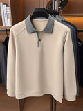 Autumn Contrast Collar Long Sleeve Polo Shirt, Men'S Drop Shoulder Knit Pullover, Spring Autumn Business Casual Base Layer Top, Loose Patchwork Collar T-Shirt, Casual Fishing Top - Beige Camel