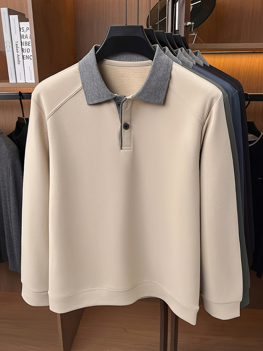 Autumn Contrast Collar Long Sleeve Polo Shirt, Men'S Drop Shoulder Knit Pullover, Spring Autumn Business Casual Base Layer Top, Loose Patchwork Collar T-Shirt, Casual Fishing Top - Beige Camel