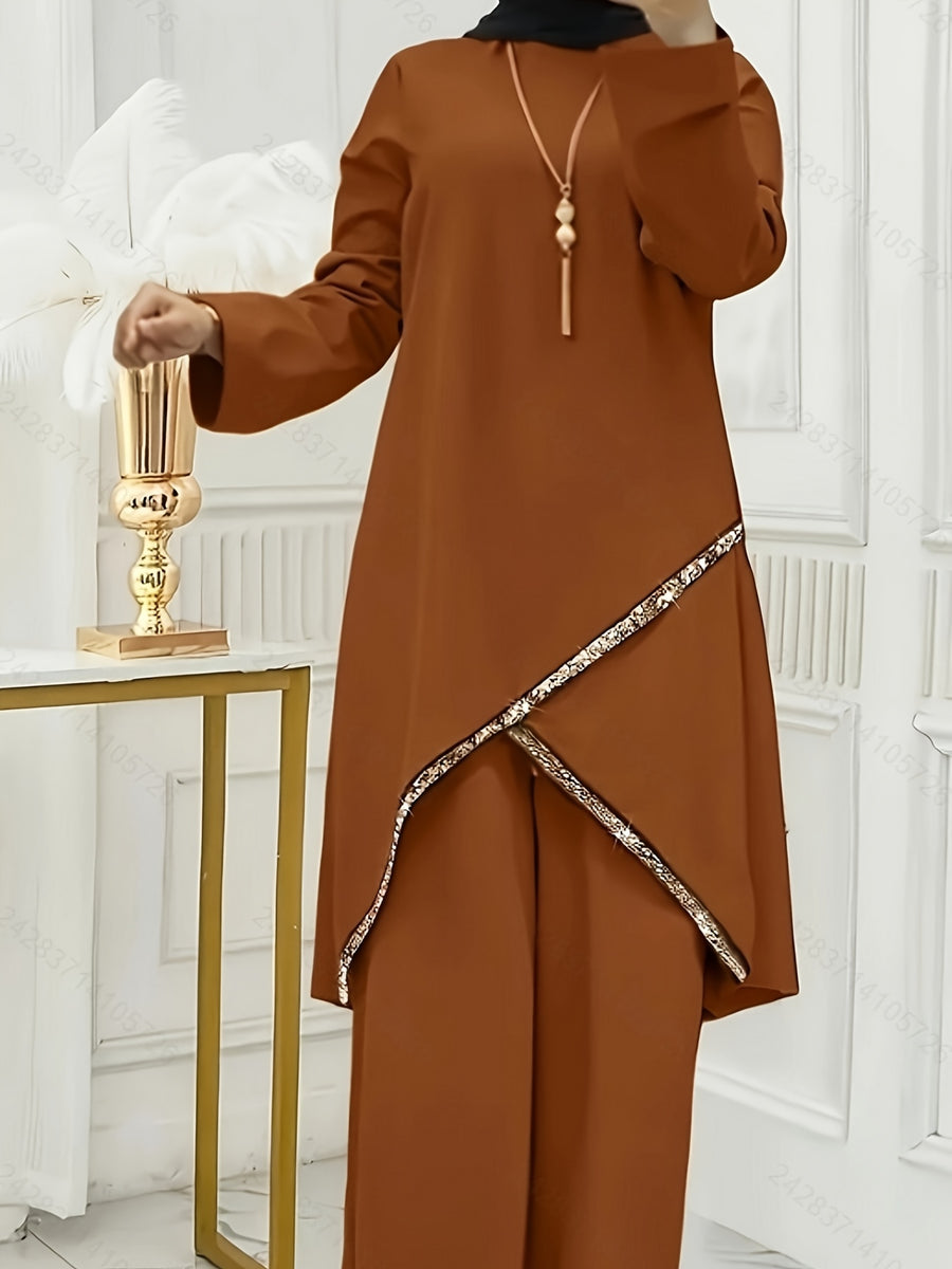 720# Solid Color Spring And Summer Muslim Two-Piece Outfit, Round Neck Sequin Long-Sleeve Top And Loose-Fit Trousers Casual Ensemble - Rust