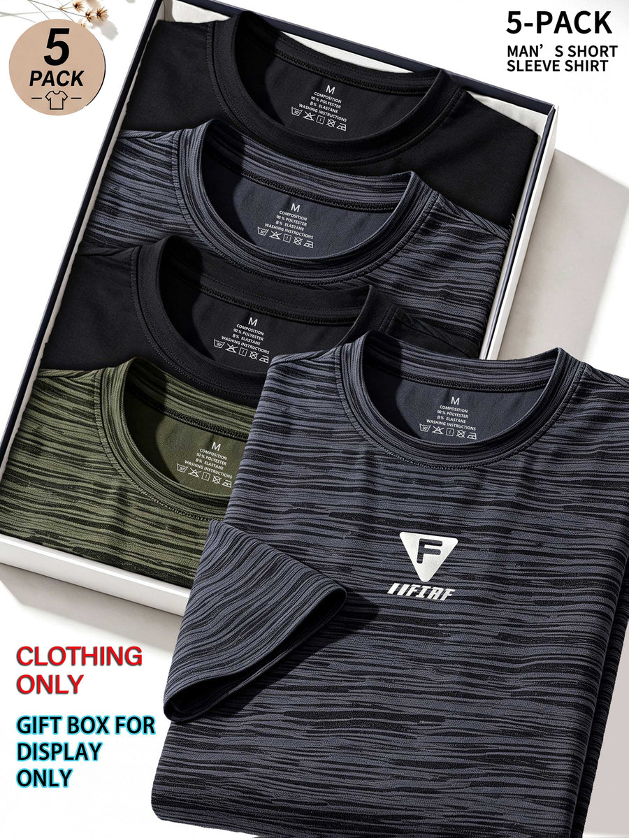 5pcs Men's Sports & Fitness Breathable Quick-Dry T-Shirts, Outdoor Travel Casual Running Printed Short-Sleeve Tees, Easy to Clean and Maintain, Lightweight T-Shirts for Daily Leisure and Gatherings, Classic Crew Neck Shirts - Dark Gray + Army Green + Black + Dark Gray + Black