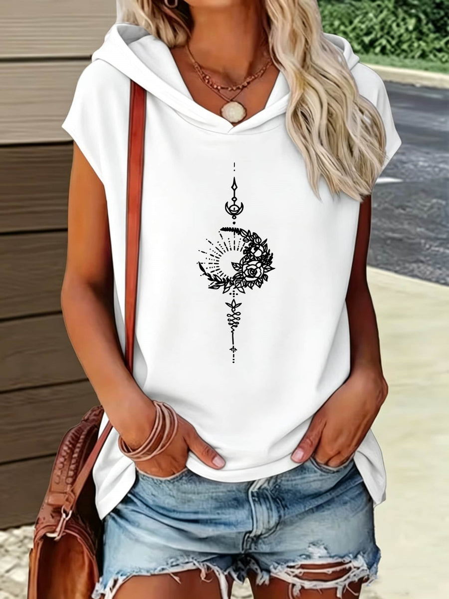 Loose Fit Comfortable Hooded Design Moon And Floral Intertwined Mystical Pattern Print All-Over Print Comfortable Versatile Style Summer New Y2K Style Women's Wear Elegant Fashion Comfortable T-Shirt Top - White