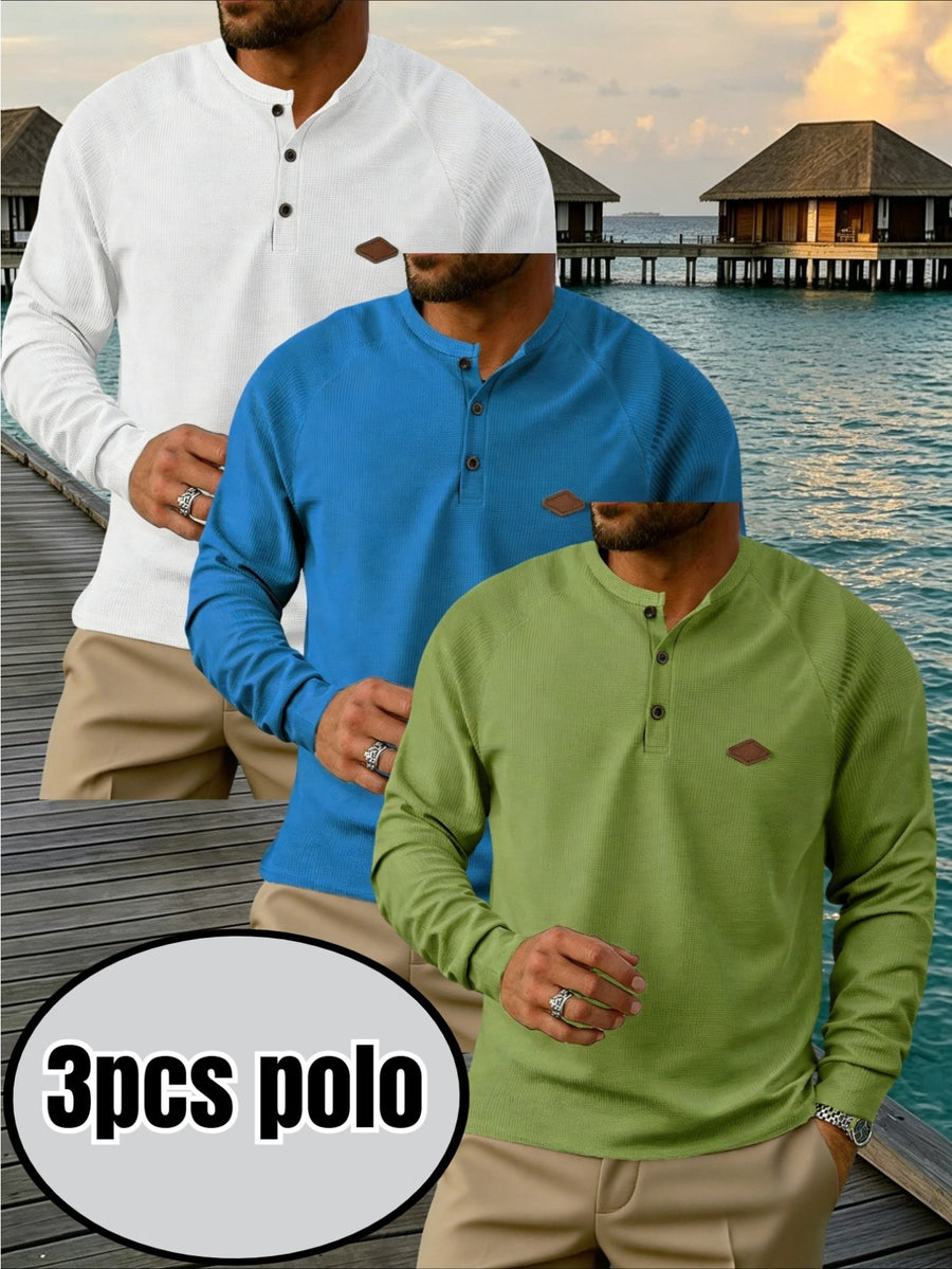Men's 3pcs Raglan Henley Collar Waffle Long Sleeve Shirt, Soft High-Stretch Breathable Textured Polo, for Beach Vacation, Daily Outdoor Wear, Loose Fit, Multi-Color, Street Style, Half-Button Placket - White + Blue + Green
