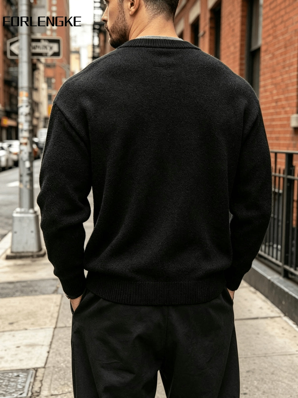 FORLENGKE Autumn/Winter New Arrival Men's Solid Color Long-Sleeve Button-Up Knit Sweater, Soft and Fine Knitted Fabric, Vintage Casual Style, Versatile Pullover for Daily Outings and Outerwear - Black
