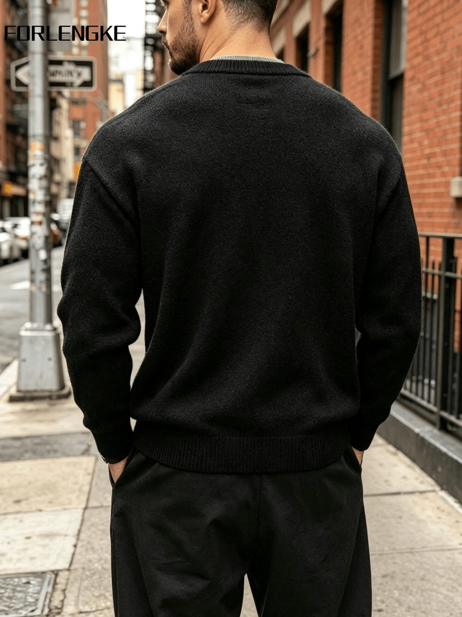FORLENGKE Autumn/Winter New Arrival Men's Solid Color Long-Sleeve Button-Up Knit Sweater, Soft and Fine Knitted Fabric, Vintage Casual Style, Versatile Pullover for Daily Outings and Outerwear - Black