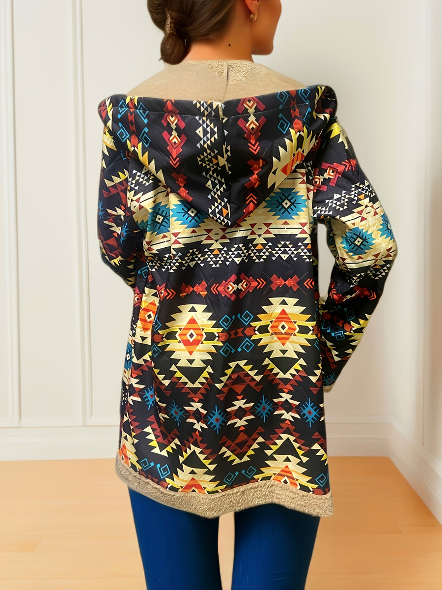 Western Women'S Warm Plush Printed Hooded Sweatshirt Jacket Casual Coat - Mixed colors