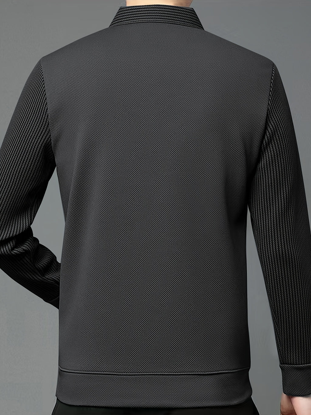 [Pearson OBM] Men'S Faux Two-Piece Long Sleeve Polo Shirt, Business Casual Style, Knit Collar V-Neck Patchwork Design with Button Placket, Ribbed Striped Cuffs And Collar, Mid-Career Men'S Business Top for Daily Gatherings And Commuting - Grey