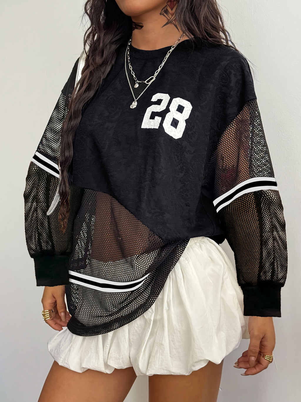 Y2K Women'S Round Neck Casual Breathable Mesh Top with Digital Pattern And Floral Texture, Long Sleeves PB-1049 - Black