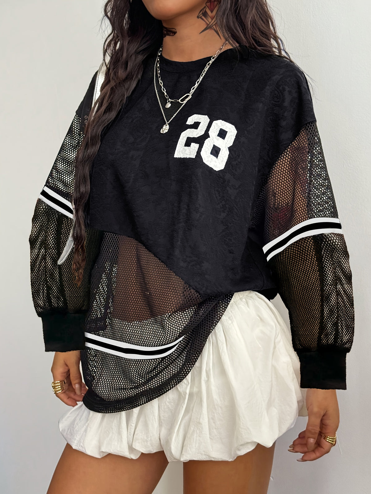 Y2K Women'S Round Neck Casual Breathable Mesh Top with Digital Pattern And Floral Texture, Long Sleeves PB-1049 - Black