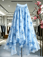 New Women's Mesh Floral Print Flared Skirt with Irregular Hem, Suitable for Banquets, Dates, and Parties - Sky Blue
