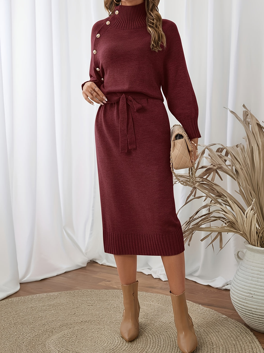 Autumn/Winter Half-Turtleneck Metal Button Dress with Tie-Waist for a Fit, Midi-Length Sweater Dress, Elegant and Versatile Commuter Maxi Dress, Designer-Inspired Niche Long-Sleeve Dress - Burgundy