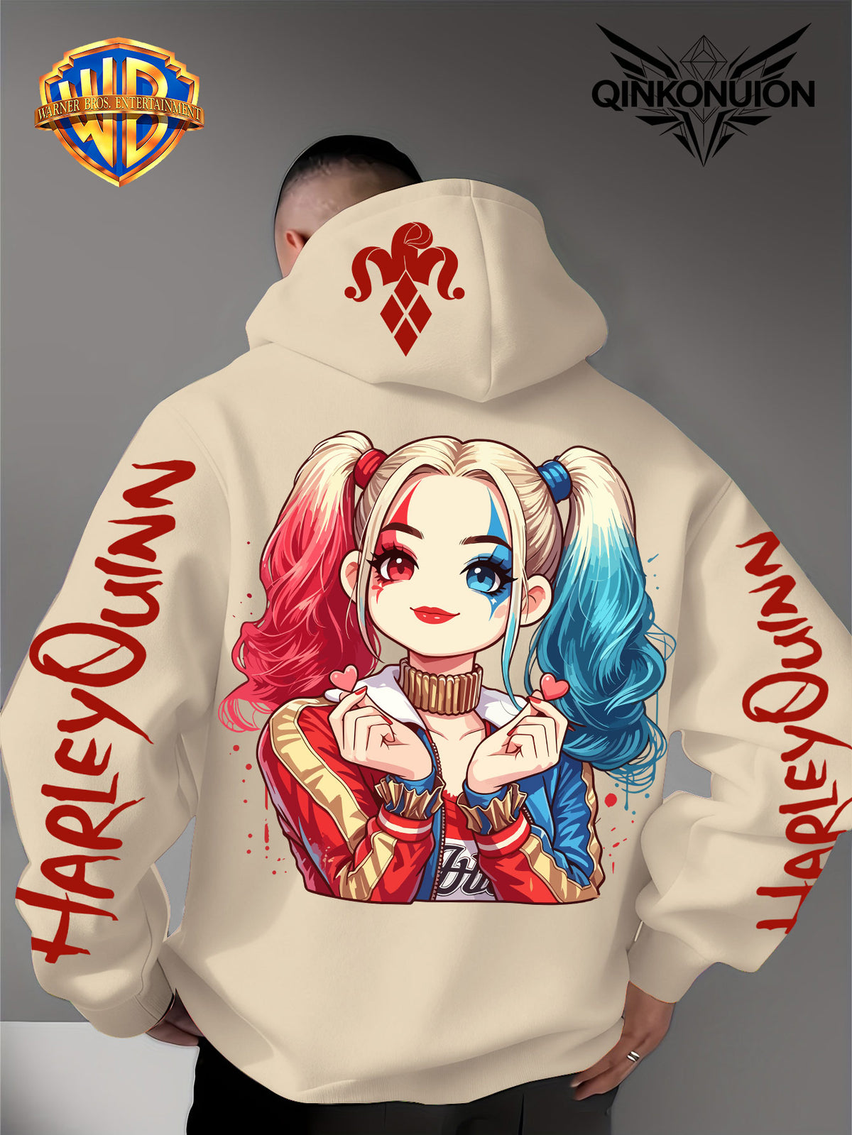 Warner Official Men'S Hoodie, Q-Version Quinn Red Blue Double Ponytail Cute Print Design, Machine Washable, Warm And Casual for Autumn And Winter, Daily Drawstring Hoodie, Multifunctional Sports And Casual Loose Fit - Apricot