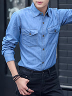 Four Seasons Fashionable and Stylish Polo Collar Denim Shirt for Men, Long Sleeve Thin Slim Fit Casual Shirt, Business Workwear Outerwear - Dark Blue 1