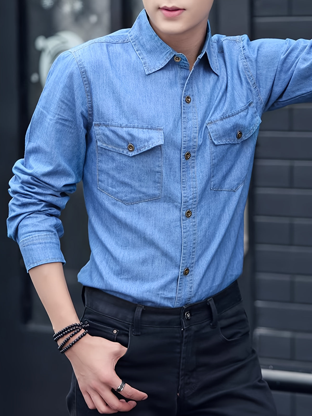 Four Seasons Fashionable and Stylish Polo Collar Denim Shirt for Men, Long Sleeve Thin Slim Fit Casual Shirt, Business Workwear Outerwear - Dark Blue 1