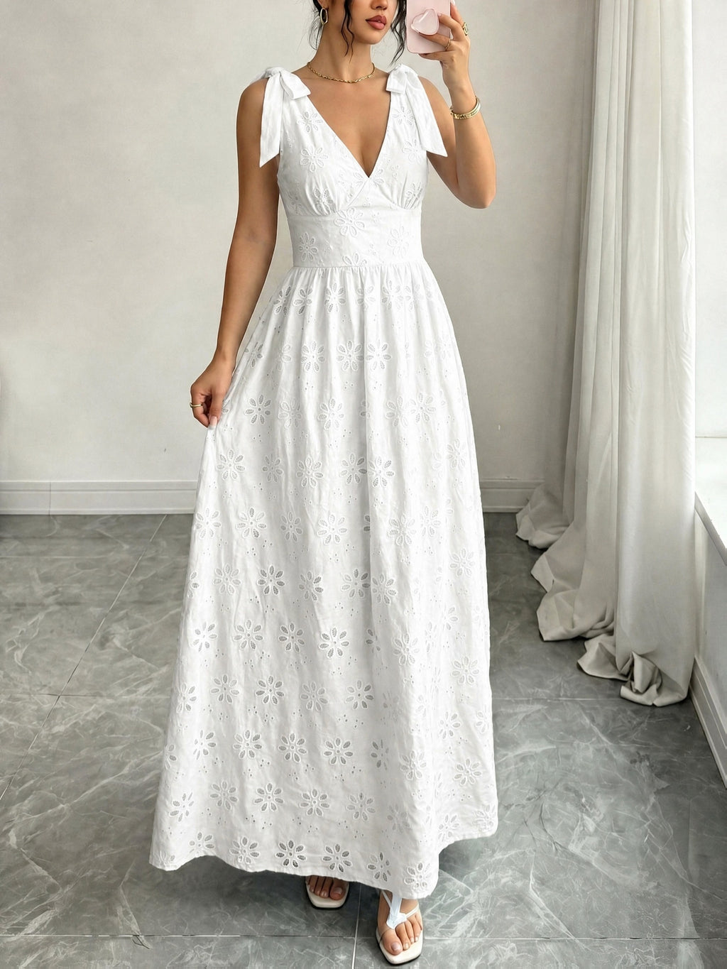 Elegant Women's V-neck Dress with Hollow Embroidery, Bow Tie & Waist Tie, A-line Silhouette, Ideal for Outings & Dates - White