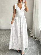 Elegant Women's V-neck Dress with Hollow Embroidery, Bow Tie & Waist Tie, A-line Silhouette, Ideal for Outings & Dates - White