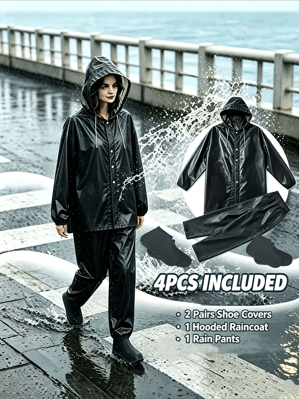 Men's and Women's Rainy Day Set, Black Raincoat + Pants + 2 Pairs of Shoe Covers, High Quality Rain Gear Suitable for Outdoor Camping, Travel, and Rainy Days - Black Raincoat + 2 Pairs of Pants + Shoe Covers