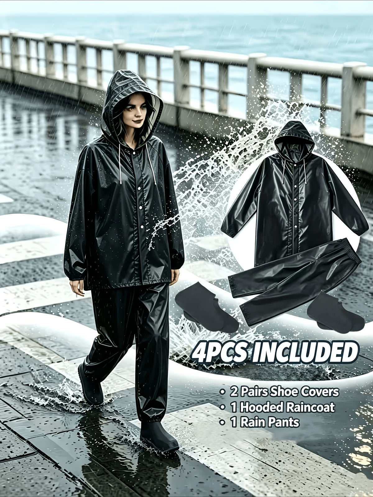Men's and Women's Rainy Day Set, Black Raincoat + Pants + 2 Pairs of Shoe Covers, High Quality Rain Gear Suitable for Outdoor Camping, Travel, and Rainy Days - Black Raincoat + 2 Pairs of Pants + Shoe Covers