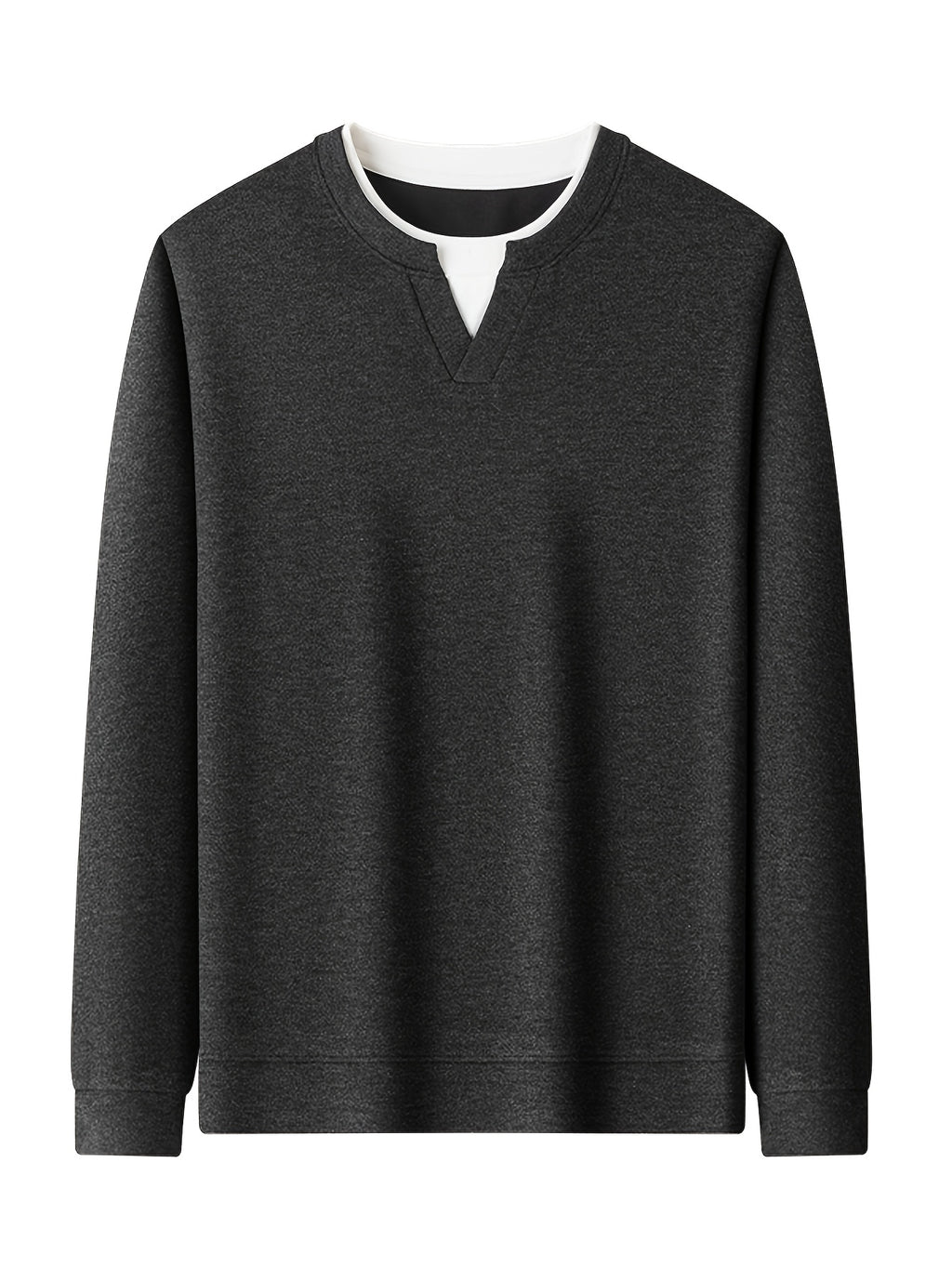 Men'S V-Neck Faux Two-Piece Long Sleeve Sweatshirt, Suitable for Commute And Casual Wear, Outerwear And Inner Wear, Regular Shoulder Long Sleeve Pullover Sweatshirt - SINBOS - Black Gray