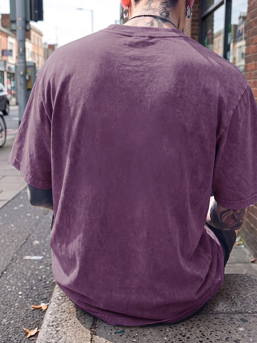 Short Sleeve T-Shirt, Half-Sleeve Top, Pure Cotton Washed Distressed Loose Fit, Compass Print, Multiple Colors for Mix and Match, American Streetwear, Chinese National Trend, High Street, Hip-Hop, Y2K Style, Daily Streetwear, Sports - Purple
