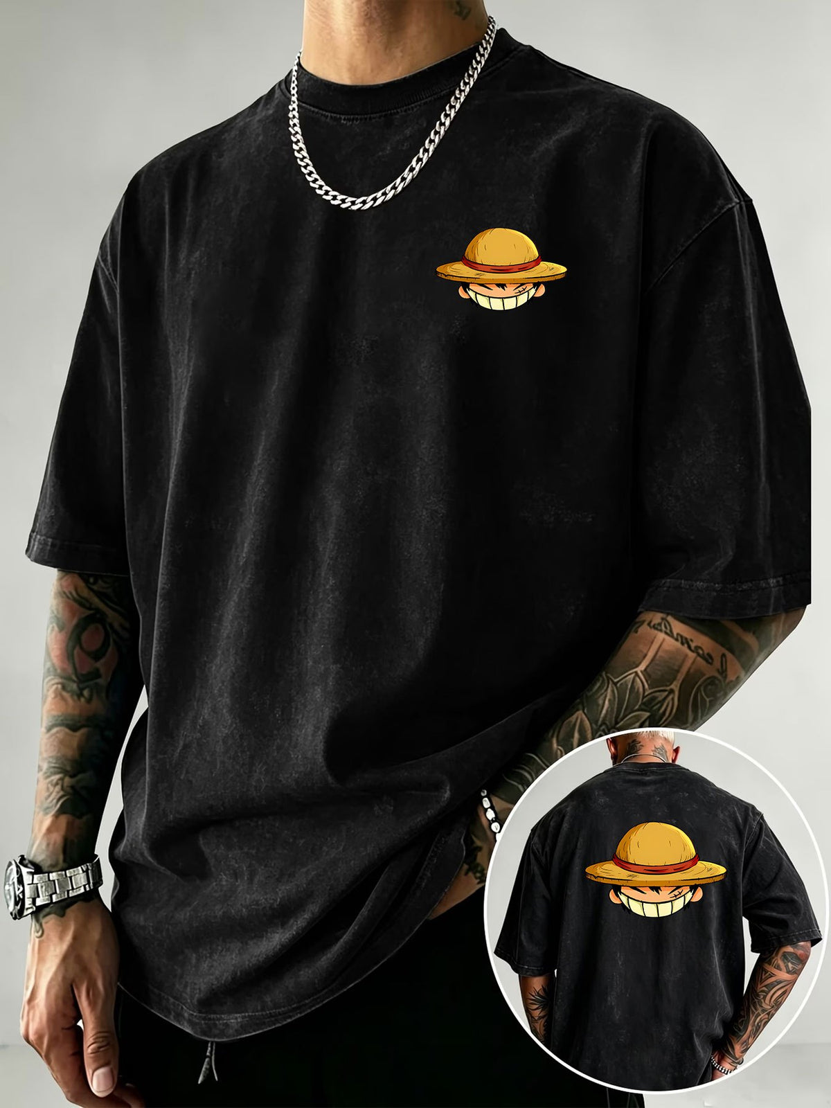 Straw Hat Cartoon Boy Portrait Print Men's Vintage Washed Loose Fit Pure Cotton Short Sleeve T-Shirt - Black