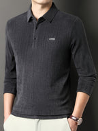 Men's Spring/Autumn Lightweight Knitted Long-Sleeve Polo Shirt with Vertical Stripe Texture, Lapel Collar, Three-Button Placket, Business Casual Versatile Base Layer Top for Middle-Aged Men - Grey
